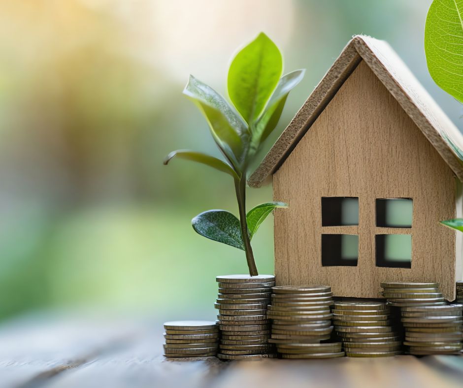Investment Property A wooden toy house on top of money with a small plant growing out of it