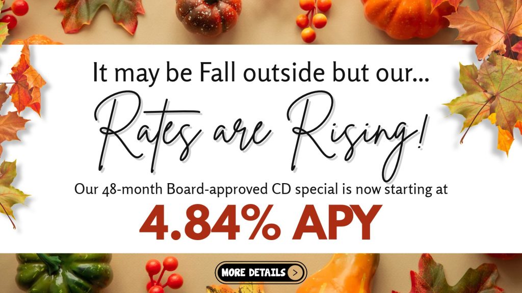 Fall leaves with advertising our 48 month CD starting at 4.84% APY